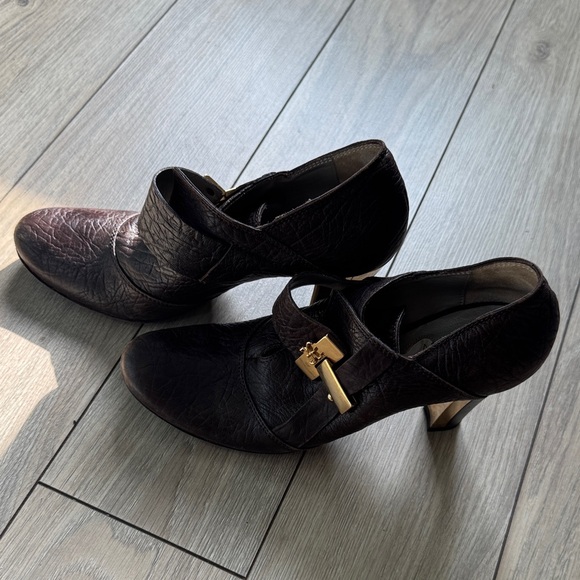 Shoes - Fabi Dark Brown Leather Heeled Mary Jane with Gold Accent